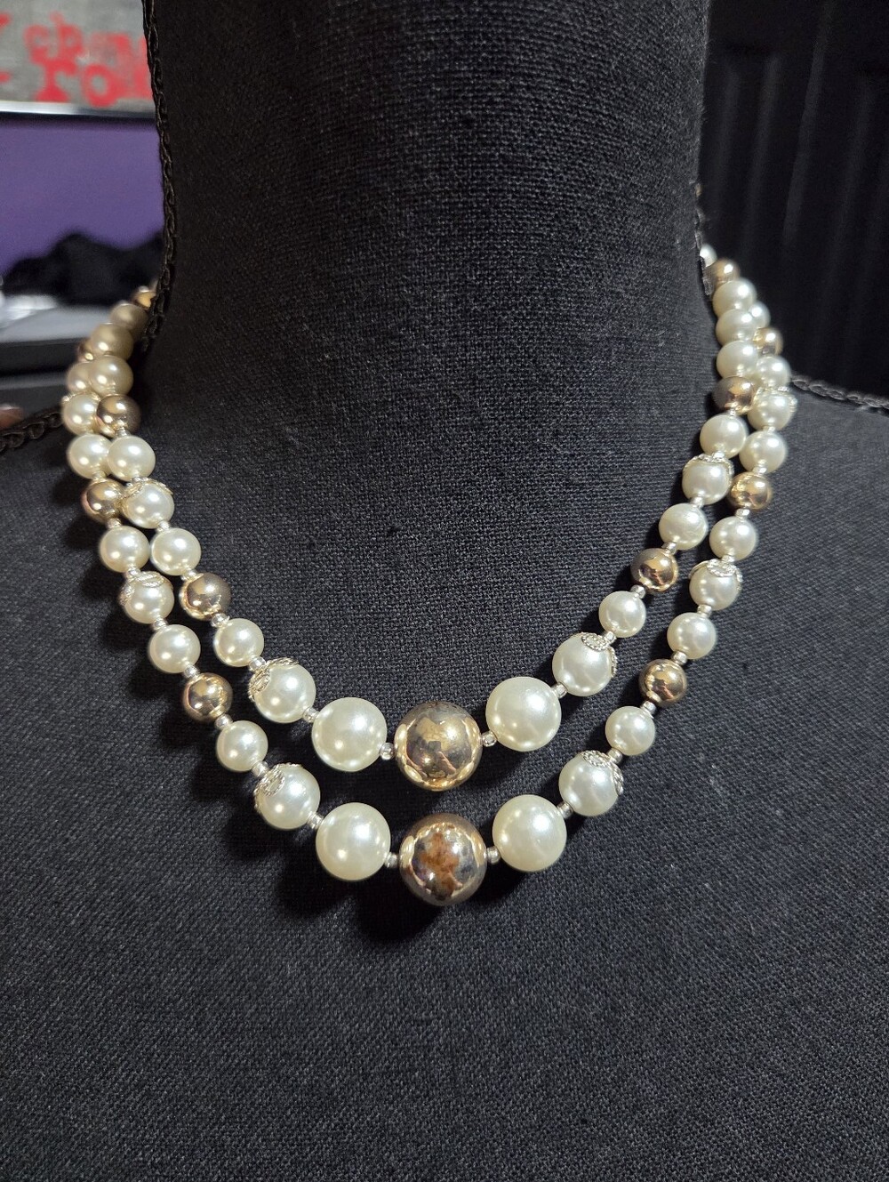 Vintage Mid-Century Double Strand Faux Pearl Necklace Gold Tone Box Clasp Japan